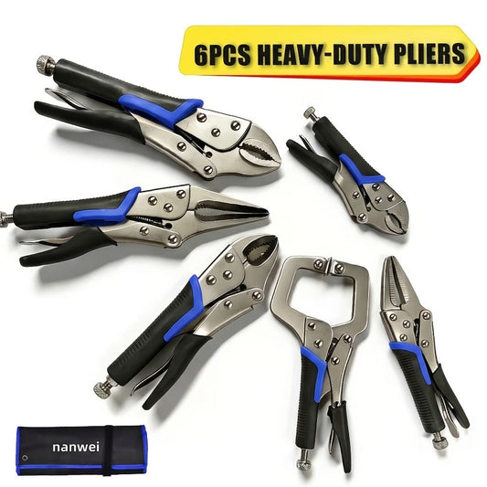 Pliers Set, 6-Piece Needle Nose, Curved Jaw & C-Type Locking Tools in 5–10 Inch Sizes