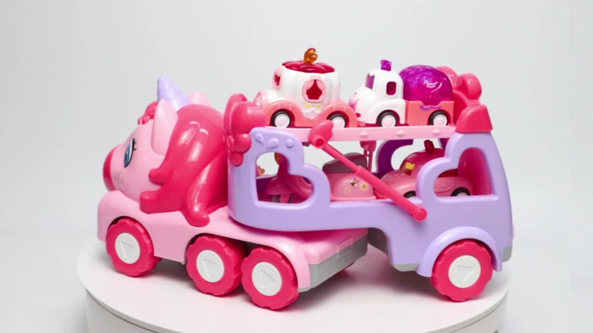 Pink Toy Car Carrier Truck with 4 Mini Cars, Music and Lights