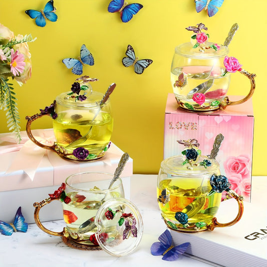 Flower Glass Tea Cups with Lids and Spoons, Set of 4, 11 oz Butterfly Design