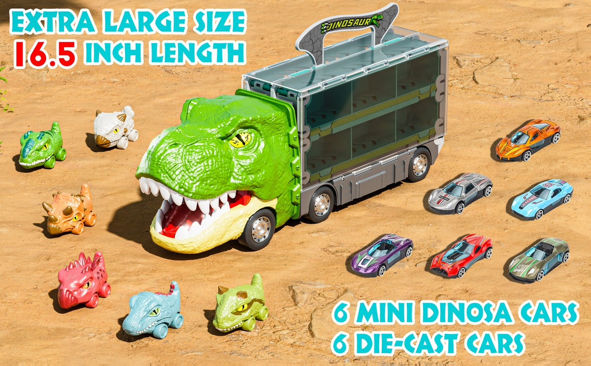 Dinosaur Truck Toy Carrier with 63-Inch Foldable Race Track, 13-in-1 Set with 12 Cars & 2-Player Racing