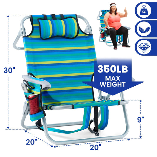 Folding Beach Chair with 4-Position Lay-Flat Recline, Cup Holder and Backpack Straps