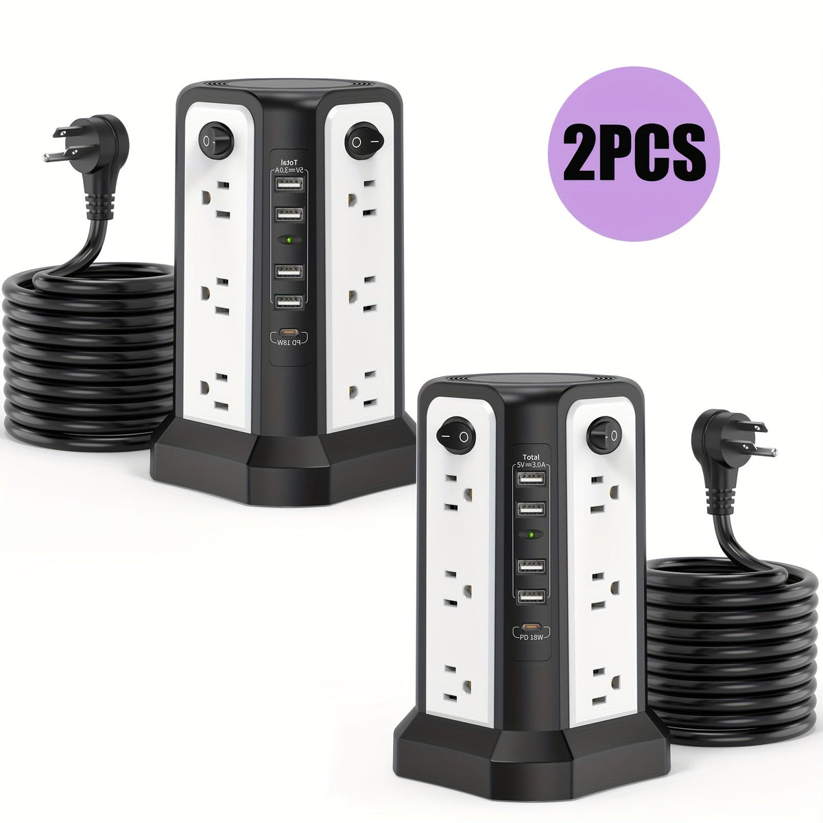 PD18W USB-C Power Strip Tower 21-in-1, 16 AC Outlets & 5 USB Ports, 1500J Surge Protector, Angled Flat Plug, 6ft 13A Extension Cord, Fast Charging Desktop Power Tower for Home Office Dorm – White
