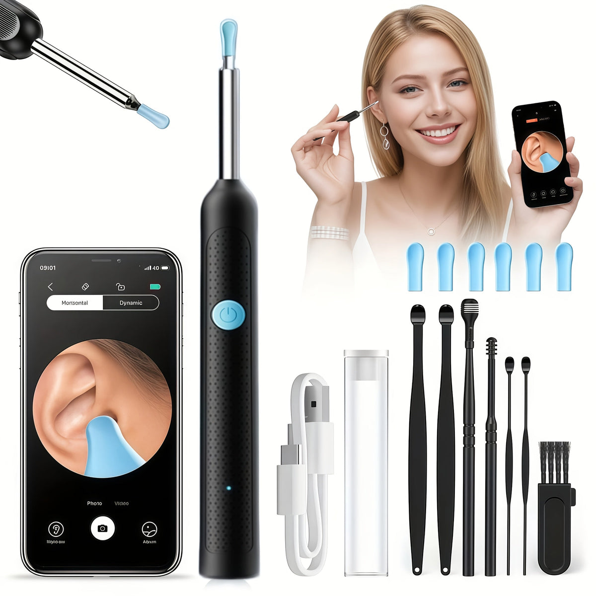 Visual Ear Pick Set 7-Piece Earwax Removal Tool with Camera and Light – Ear Pick Covers Included, Compatible with All Smartphones, Safe Home Ear Cleaning Kit for Adults