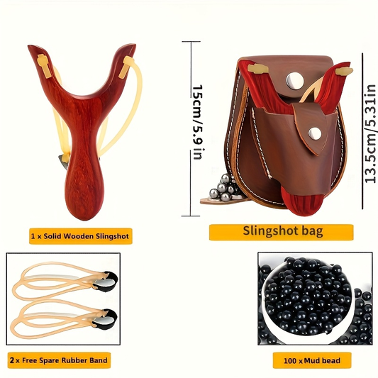 Wooden Slingshot Set for Outdoor Target Practice, 5-Piece Kit, Red