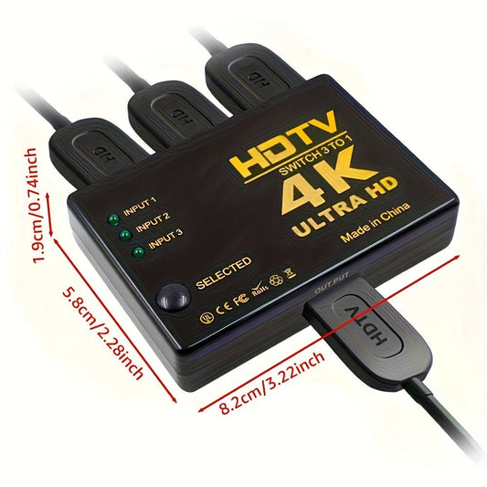 HDMI Switch 3 In 1 Out with Manual Button, 4K and 1080p Support