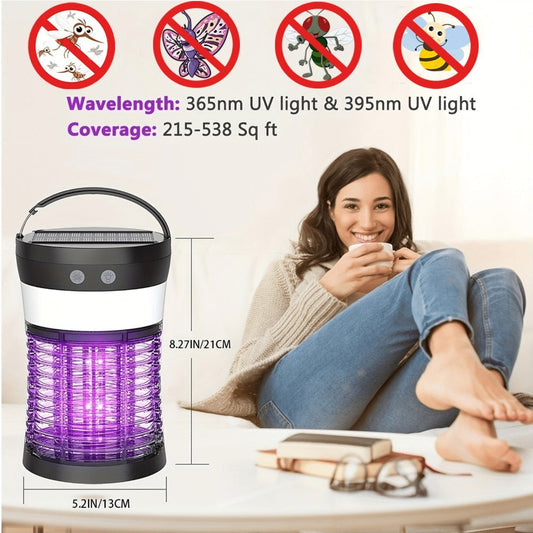 Solar Bug Zapper with White Light and Flashlight, 3000V Grid and USB-C Charging, Black