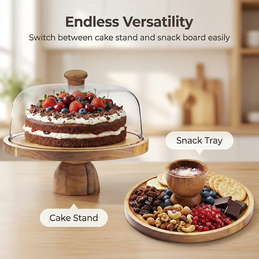 Acacia Wood Cake Stand with Clear Acrylic Dome Lid, Round Serving Platter