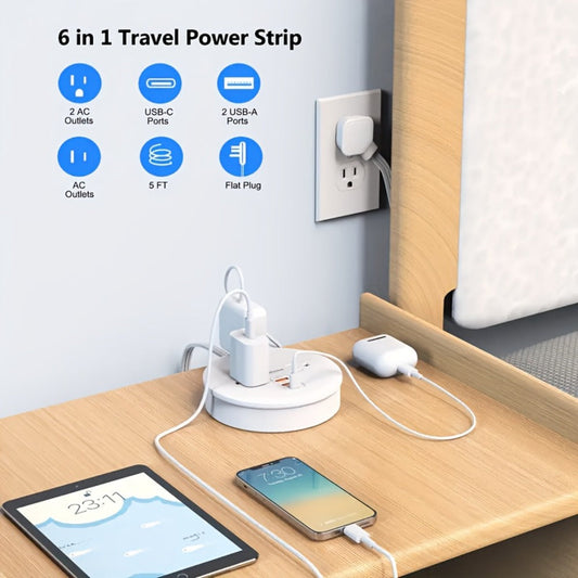 Retractable Travel Power Strip, 4 ft Flat Plug, 3 AC Outlets and 3 USB Ports, 2-Pack