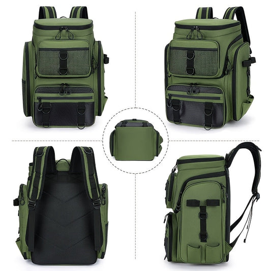 Fishing Backpack with Rod Holder, 45L Multi-Pocket Tackle Bag in Black Camouflage