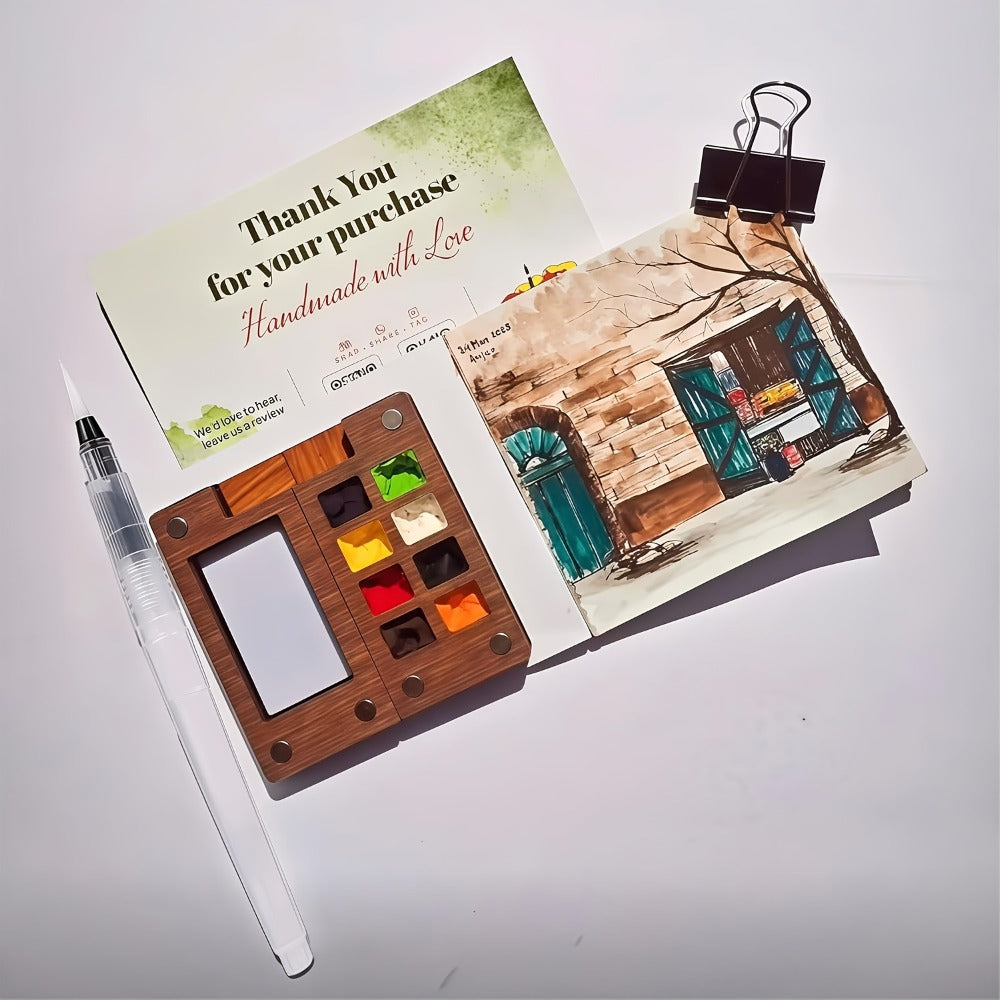 Portable Watercolor Paint Set 24 Colors with 15-Grid Palette 3 Brushes and 6 Accessories Pocket Painting Kit for Outdoor Sketching Travel Artists Kids Adults
