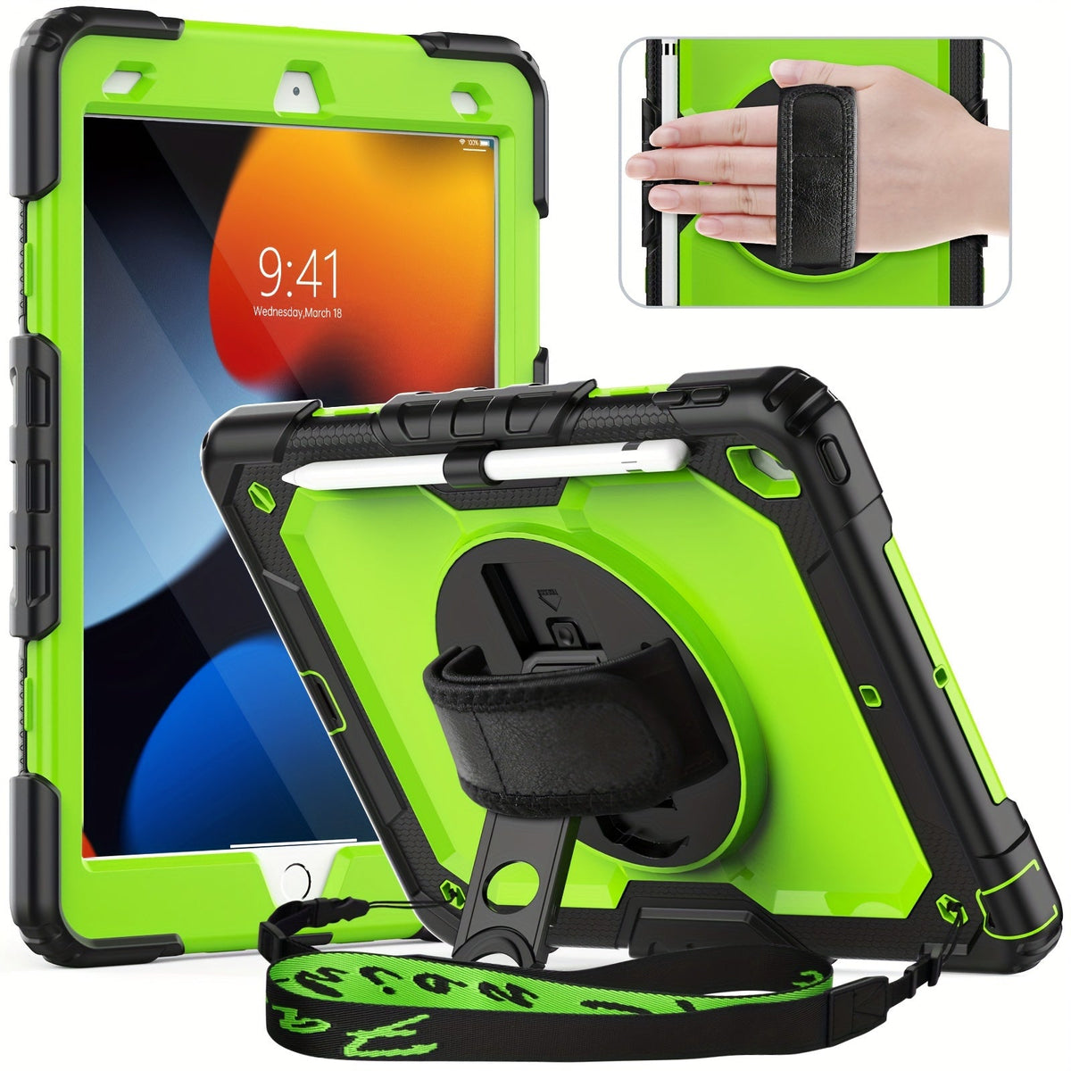 iPad 9th 8th 7th Generation Case 10.2 Inch Heavy Duty with Screen Protector, Hand & Shoulder Strap, 360° Rotating Stand, Pencil Holder – Full Body Protection for iPad 7/8/9 Gen, Black