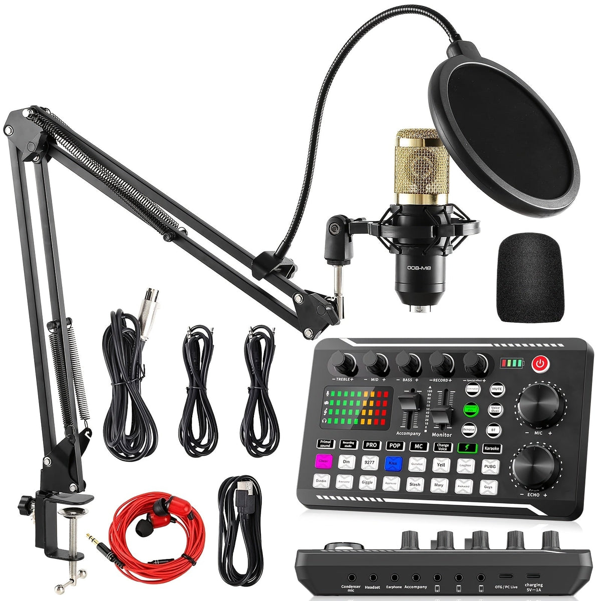 BM-800 gold condenser microphone with F998 mixer, boom arm, pop filter and accessory cables