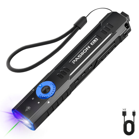 Flat Rechargeable Flashlight, 1500 Lumens with White LED, UV and Green Beam