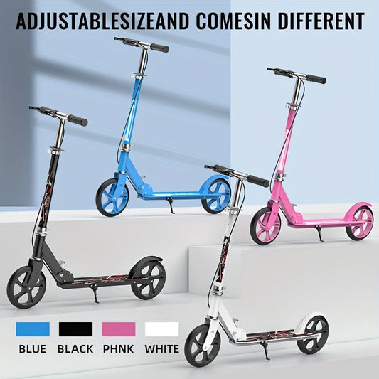 Folding Kick Scooter with Front Suspension and Brake, White Iron Frame, Ages 14+