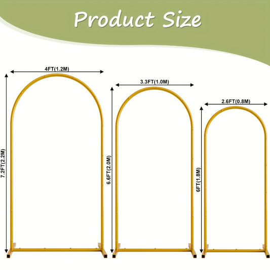 Gold Metal Backdrop Arch Set, 3 Sizes: 7.2, 6.6 & 6 ft with 7 Clips