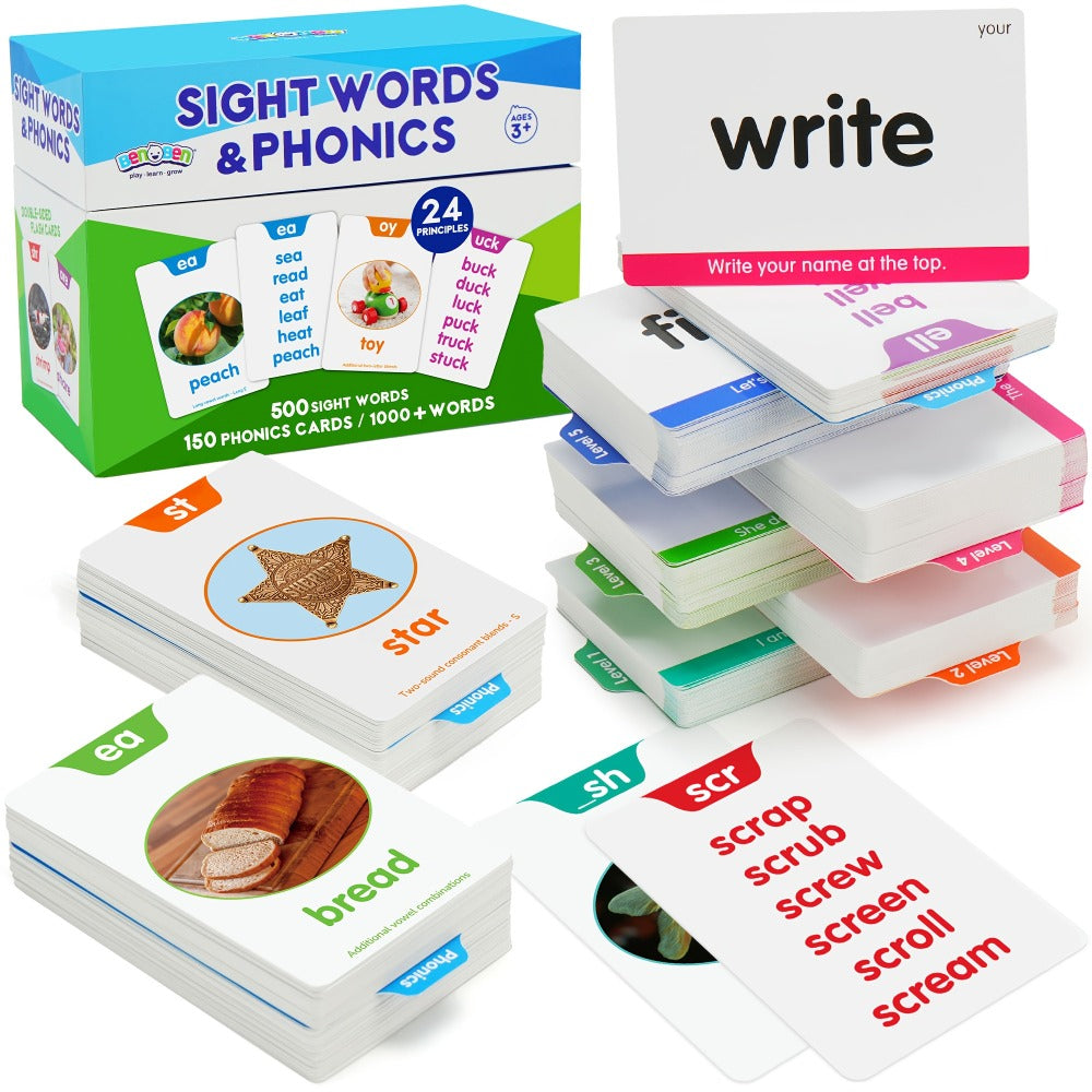 Sight Words Flash Cards 500 Cards & 150 Phonics Cards Set 1000+ Dolch Fry High Frequency Words CVC Blends Long Vowels | Learn to Read Cards Pre-K Kindergarten 1st 2nd 3rd Grade Ages 3+