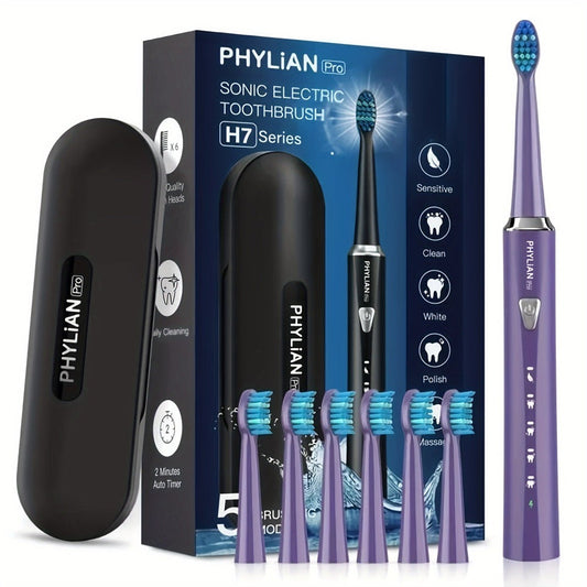 Sonic Electric Toothbrush for Adults, Rechargeable with 5 Modes, 6 DuPont Brush Heads & 2-Minute Timer