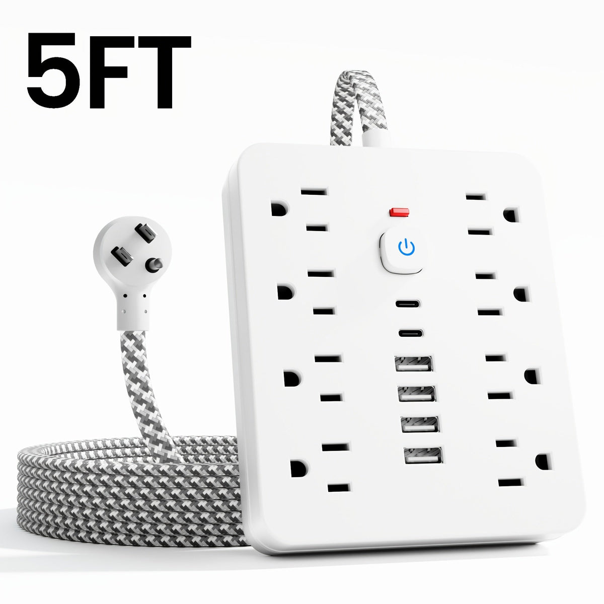 14-in-1 Wall-Mountable Power Strip with Surge Protector – 8 AC Outlets & 6 USB Ports (2 USB-C), Flat Plug Space-Saving Extension Cord, Overload Protection for Home School Office, 5ft or 10ft