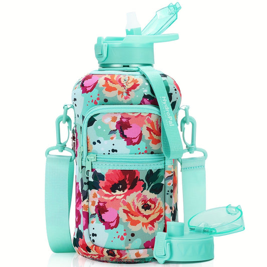 Large Water Bottle with Storage Sleeve, Straw and Chug Lids, Carry Strap and Handle
