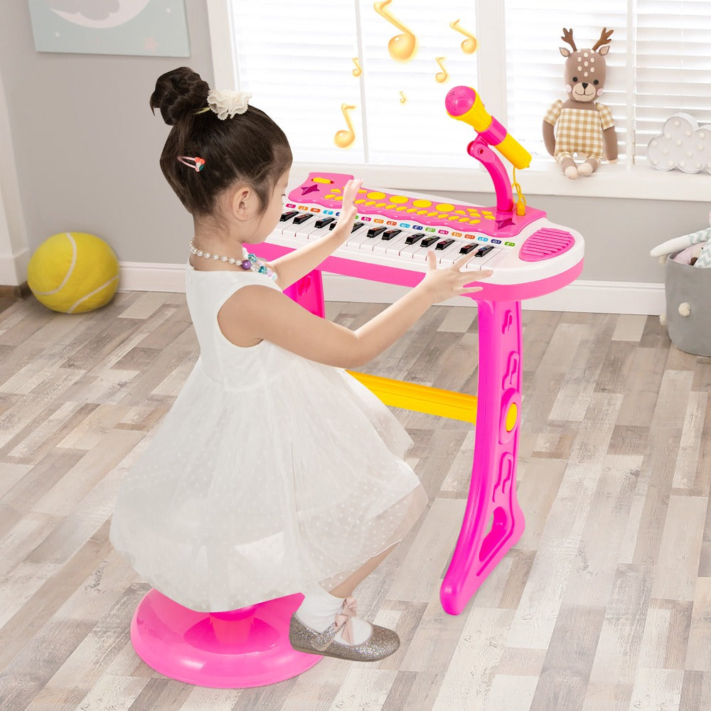 Kids Piano Keyboard Toy 31 Keys with Stool & Adjustable Microphone, Recording & Playback, Light Effects, Portable Electronic Music Instrument, Educational Gift for Boys & Girls Ages 3+, Pink