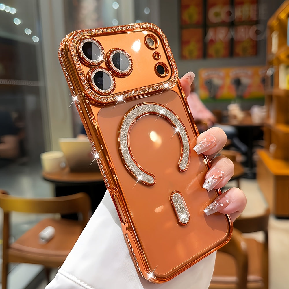 Diamond Side Magnetic iPhone Case for iPhone 17 16 15 14 13 Pro Max Plus Air 16e – Luxury Rhinestone Shiny Electroplated Wireless Charging Supported Protective Cover
