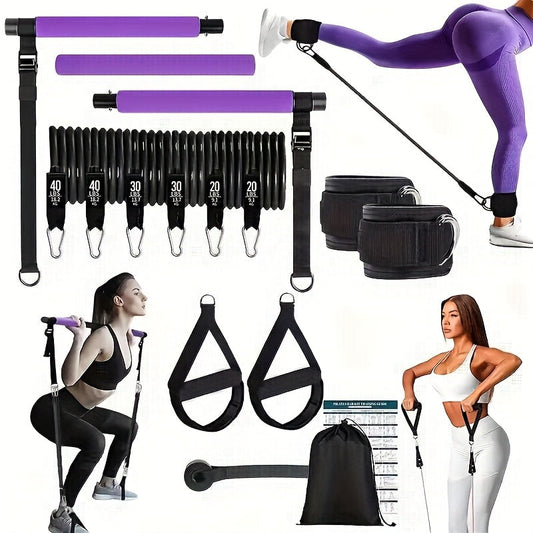 Pilates Bar Kit, 14-Piece Set with Resistance Bands and Foot Pedal Puller for Home Workouts