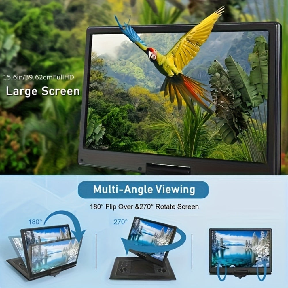 Large Screen Portable DVD Player 15.6 Inch 1280x800 HD, 270° Swivel Display, Region Free, Remote Control, Dual Speakers, USB SD Card Support, 4-6 Hour Rechargeable Battery for Car Home Travel