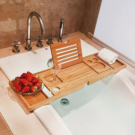 Bamboo Bath Caddy Tray, Expandable Bathtub Organizer with Adjustable Reading Rack