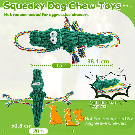 Crocodile Squeaky Dog Toy with Rope Loops for Supervised Tug Play, Green