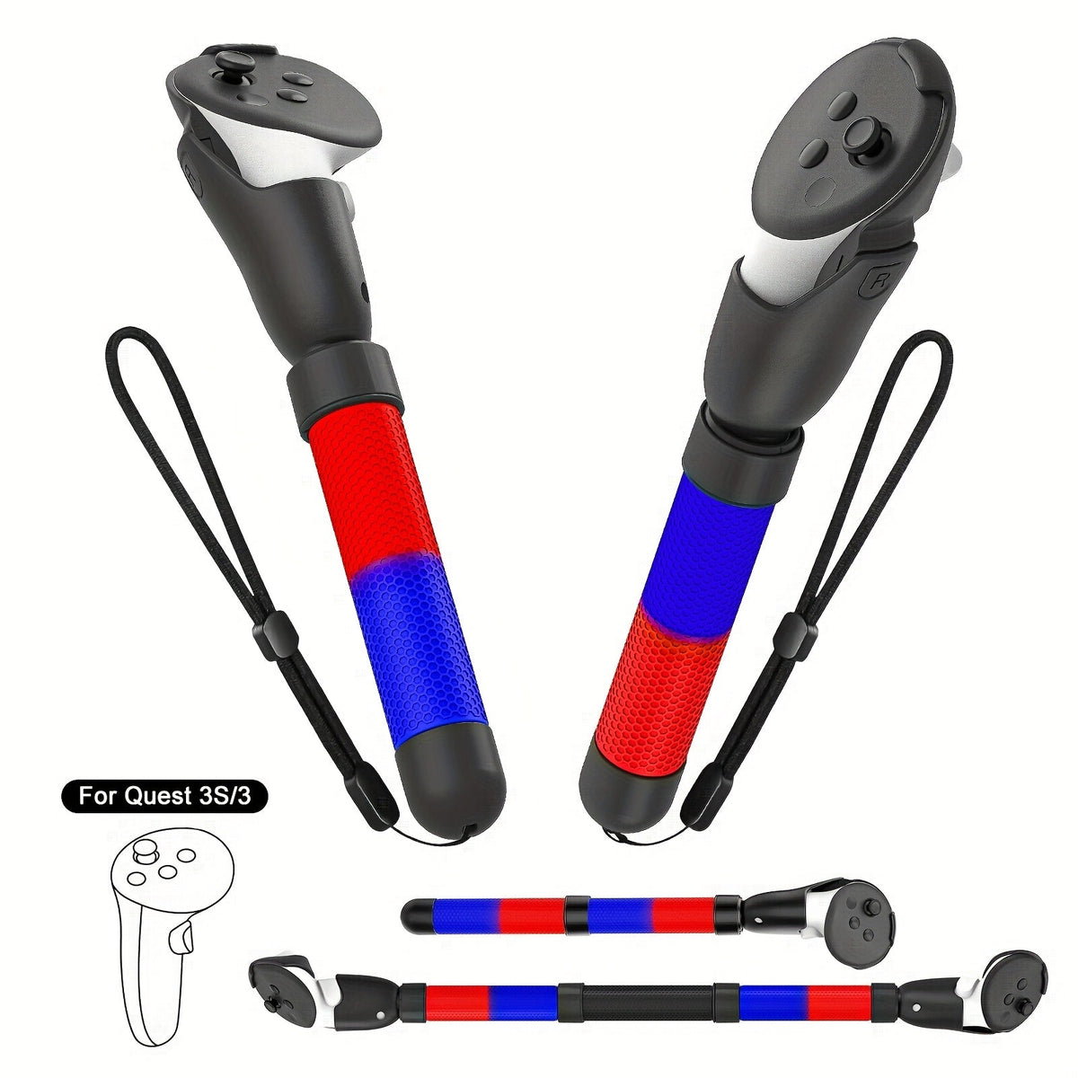 Meta Quest 3S Controller Handle Extension Grips – 3-in-1 VR Handle Attachments for Beat Saber, Golf+, Tennis & More, Anti-Slip ABS Grip with Safety Wire, Compatible with Meta Quest 3S & Quest 3