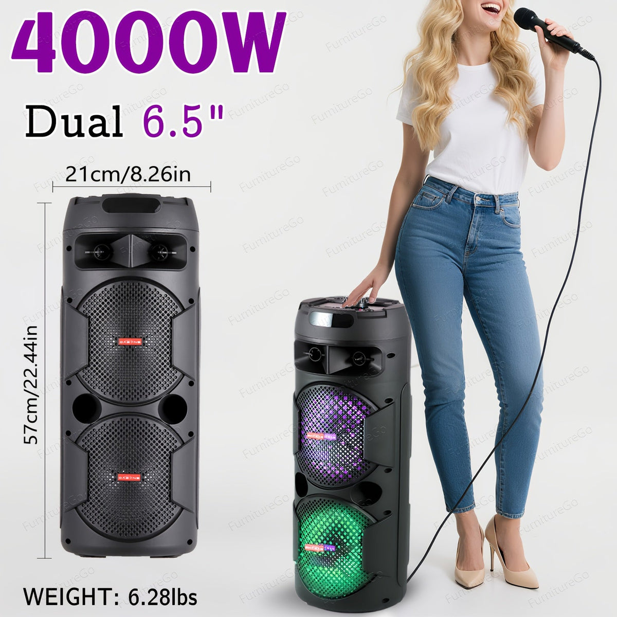 Wireless Party Speaker with Dual Subwoofers & RGB Lighting – FM Radio, USB/TF Card Playback, TWS Stereo Pairing, 20-Hour Battery, Portable Bluetooth Boombox for Outdoor & Indoor Parties
