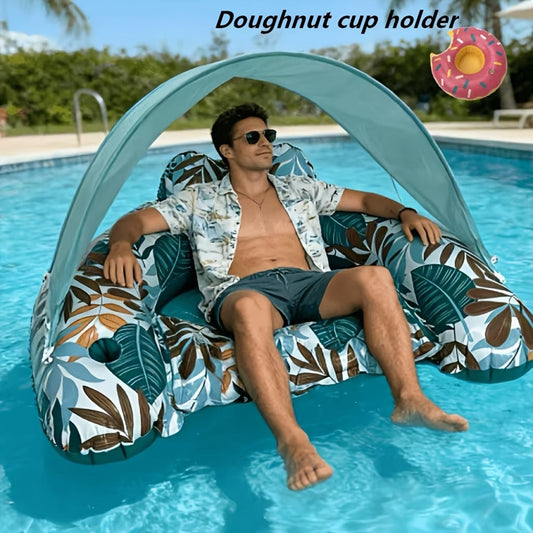 Inflatable Pool Lounger with Canopy and Cup Holder, Green or Blue Leaf Print