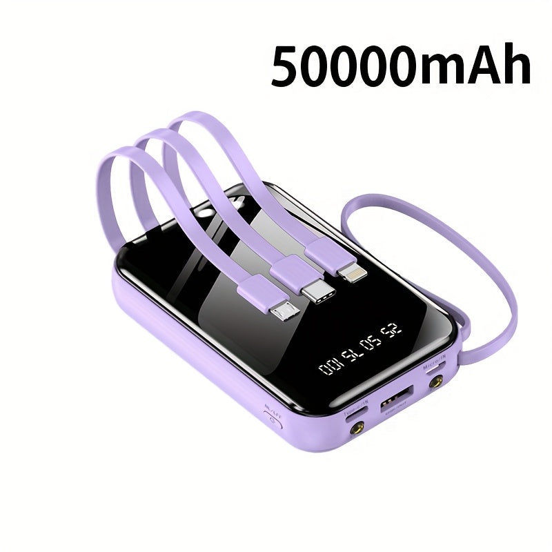 Built-in Cables Flashlight 50000mAh Power Bank Portable Charger, Fast Charging LED Display Emergency Battery Pack for iPhone Android Outdoor Travel Camping Hiking – Black Purple Available