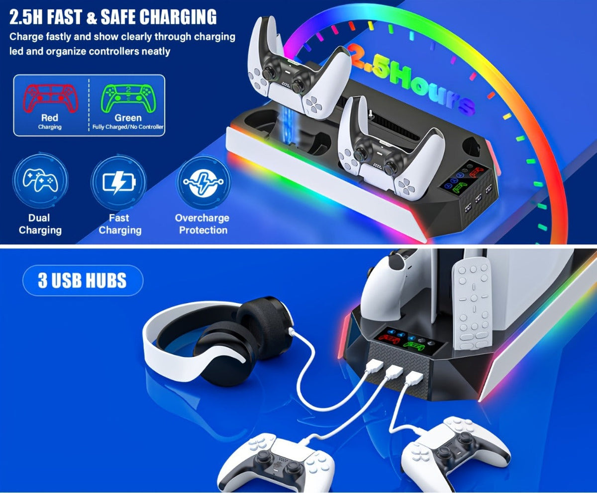 Headset Holder PS5 Cooling Stand with RGB Light, 3-Level Fan, Controller Charger & 3 USB Ports – Compatible with PS5 / PS5 Slim / PS5 Pro Disc & Digital Edition Console