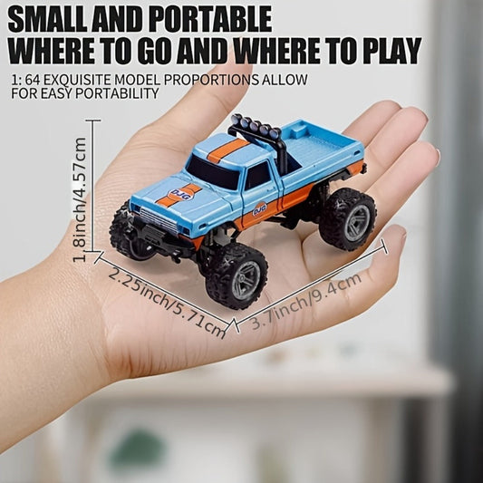 Mini RC Monster Truck, 1:64 Scale Alloy Body with LED Lights, Blue