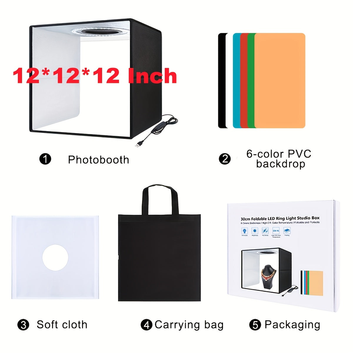 LED Photo Studio Light Box Folding Photography Shooting Tent with 12 Color Backdrops, Portable Product Photography Lightbox for Jewelry Cosmetics Figures, 16x16 & 12x12 Inch