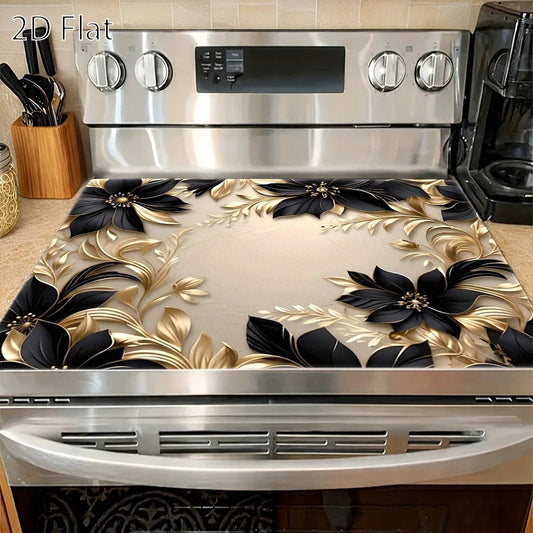 Stove Cover Mat with Black and Gold Floral Pattern, Reusable Kitchen Decor