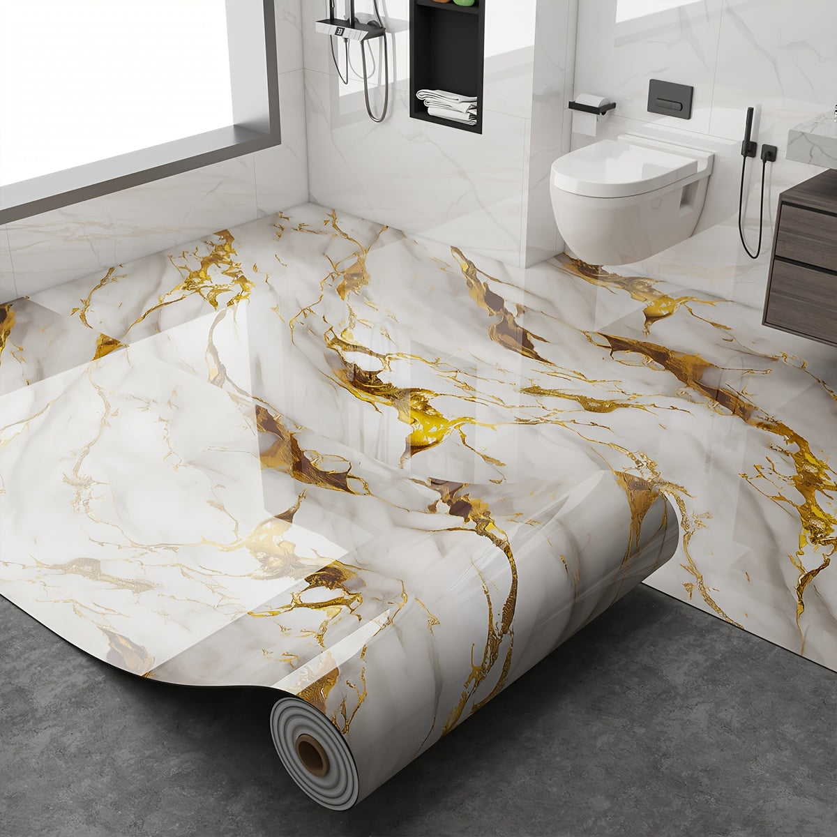 Peel and Stick Floor Tile Sticker 15.7"x118" Self-Adhesive Marble Pattern Vinyl Roll – 3mm Thick Removable Flooring for Kitchen Backsplash, Bathroom, Shower Room & Home Renovation