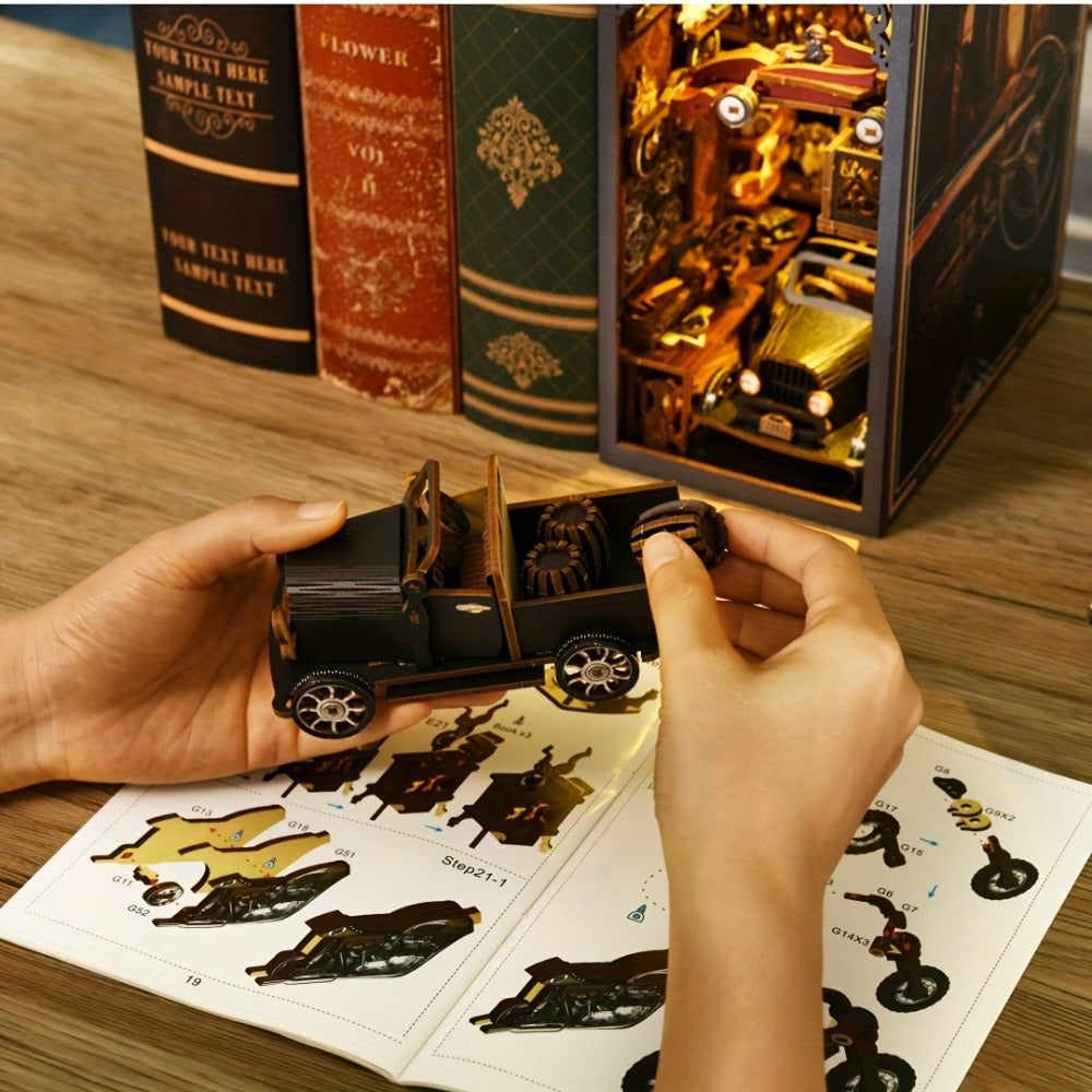 Car Players Book Nook Kit, DIY Wooden Vintage Alley Bookshelf Insert