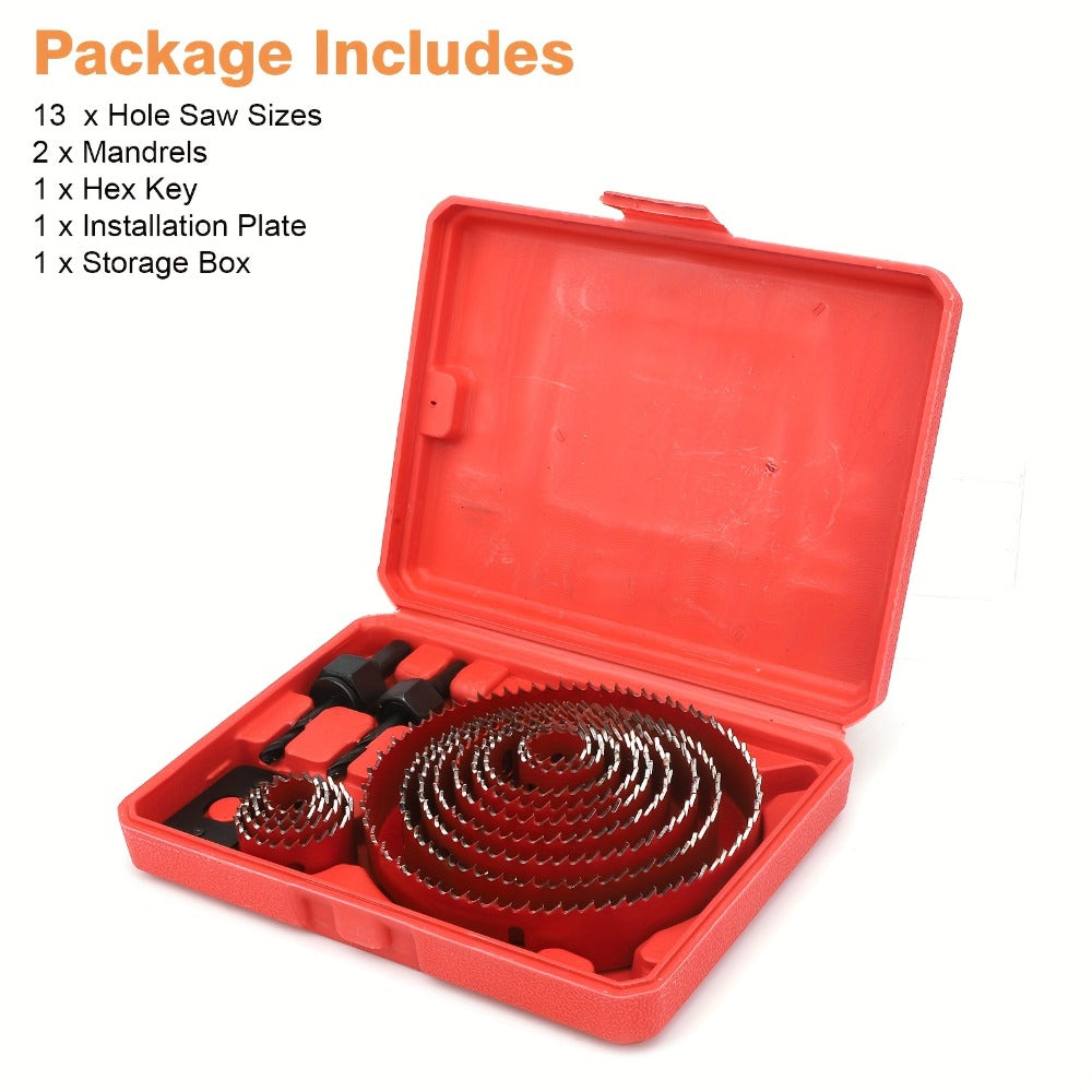 Carbon Steel Hole Saw Kit Multi-Size with Mandrels & Hex Key – Heavy Duty Quick-Change Hole Cutter Set for Wood PVC Drywall Cornhole Board & Soft Metal