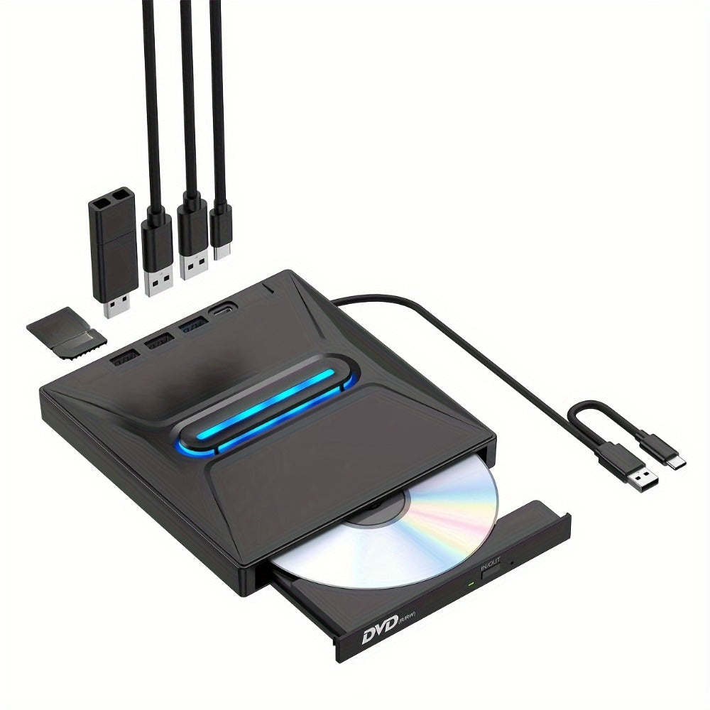 8-in-1 Luminous External CD DVD Drive USB 3.0 & Type-C - Portable CD/DVD±RW Burner Player Hub with 3 USB Ports, TF/SD Card Reader, Compatible with Laptop Desktop PC Windows Linux