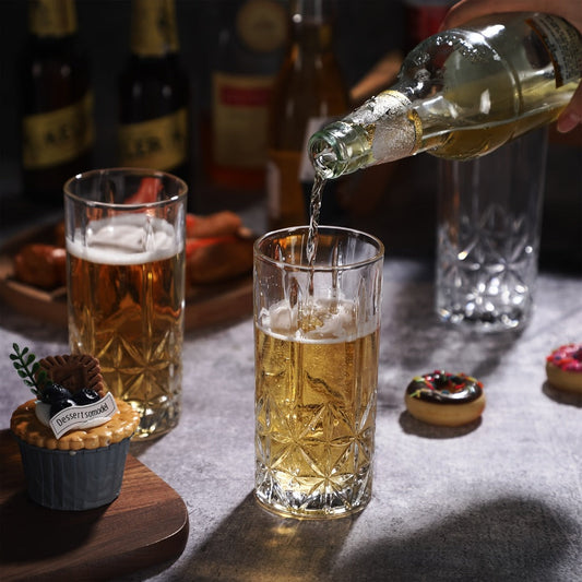 Highball Glasses Set of 12, 12 oz Clear Glass with Vintage Texture