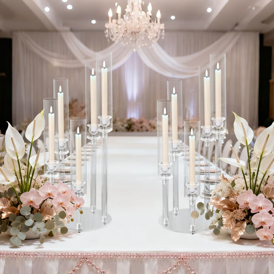 Acrylic Candelabra - Clear 5-Arm or 6-Arm LED Taper Candle Holder for Table Displays