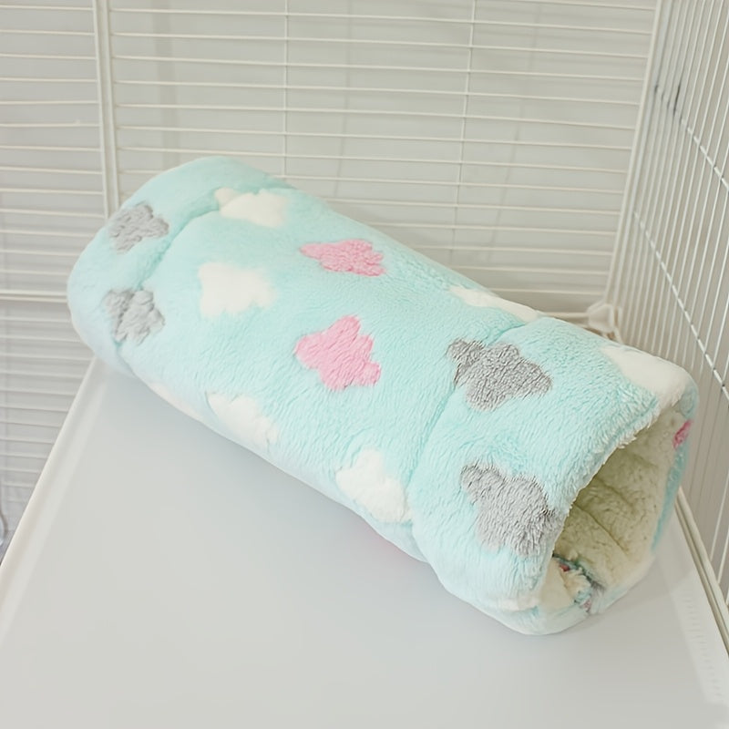 Hamster Tunnel Nest Plush Sleeping Bag – Soft Warm Small Animal Hideout with Hammock Passage for Hamsters, Guinea Pigs, Rats, Honey Possums & Dutch Pigs, Flower Branch Design, Pink & Green