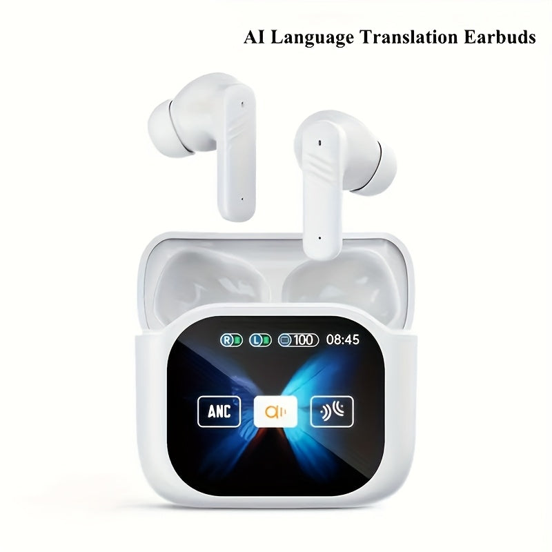 ENC Translation Earbuds Wireless 5.4 Real-Time Language Translation In-Ear Noise Cancellation Full-Color Touch Display Stereo Audio Type-C Charging Black White