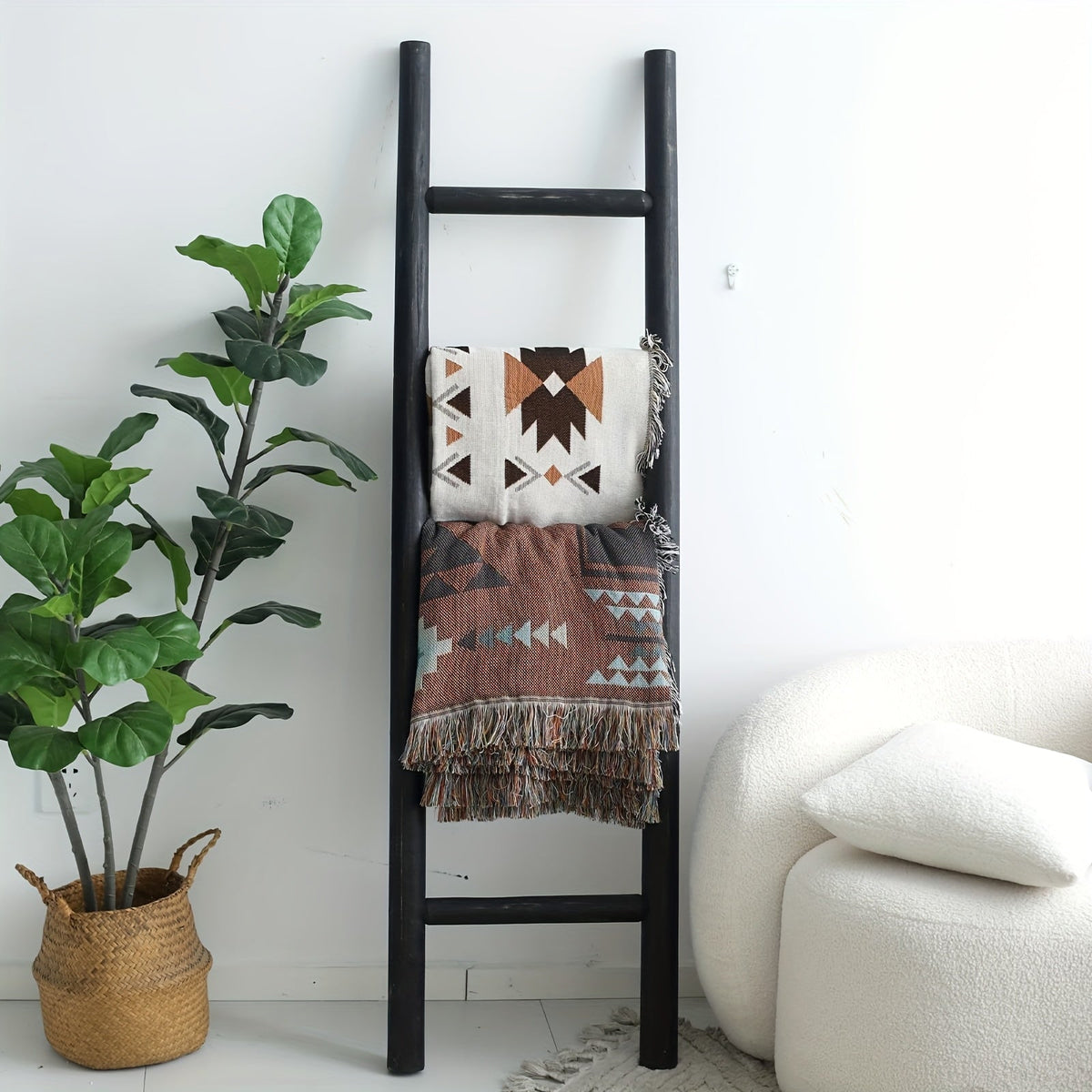 Blanket Ladder 57 Inch Wood Freestanding Farmhouse Quilt & Towel Display Rack - Rustic Wooden Wall Leaning Holder for Living Room, Bedroom & Bathroom Decor, Available in Brown, Black & White