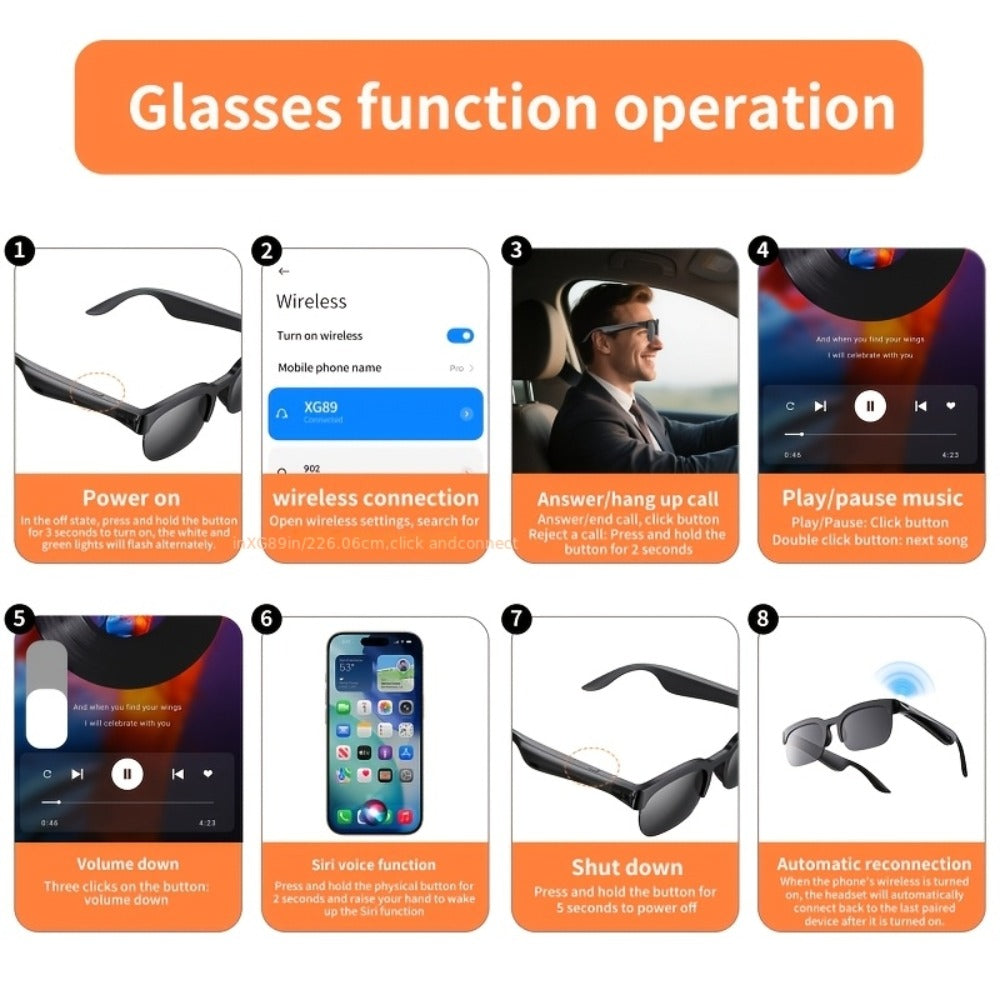 Language Translation Smart Glasses with Bluetooth Audio – AI Wireless Open-Ear Eyewear, Hands-Free Calling & Music Playback, Rechargeable Wearable Tech for Driving Travel Outdoor, Men & Women