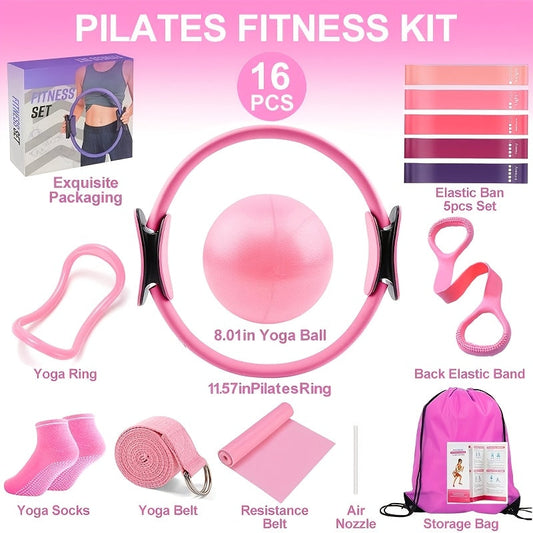 Pilates Exercise Set with Rings, Resistance Bands and Yoga Ball in Pink or Purple