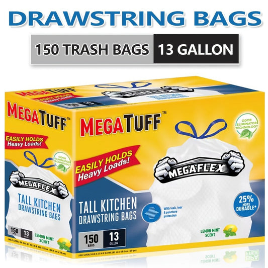 Drawstring Trash Bags, 13 Gallon, 150 Count, Lemon Mint Scent