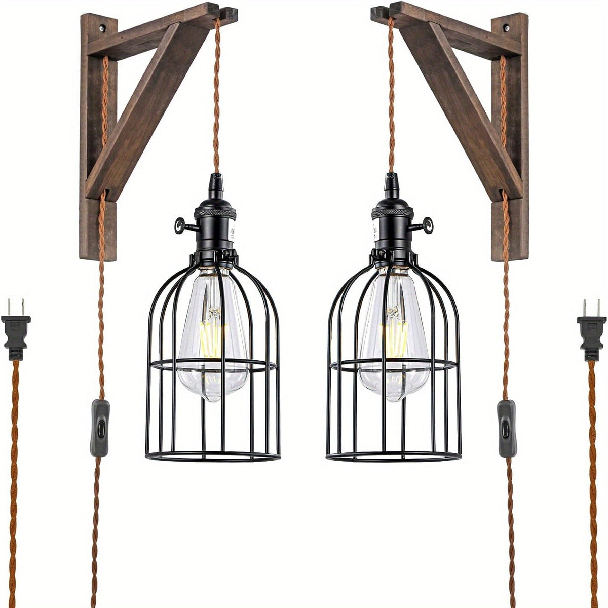 Plug In Wall Sconces Set of 2 or 1 – Rustic Farmhouse Wall Lamp with Metal Cage & Wooden Bracket, Plug-Into-Outlet Hanging Light for Bedroom, Living Room & Headboard